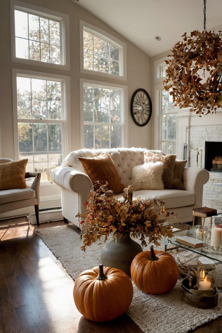 Fall home decor, Autumn living room decor, Cozy fall decorations, Fall themed living room, Seasonal home furnishings