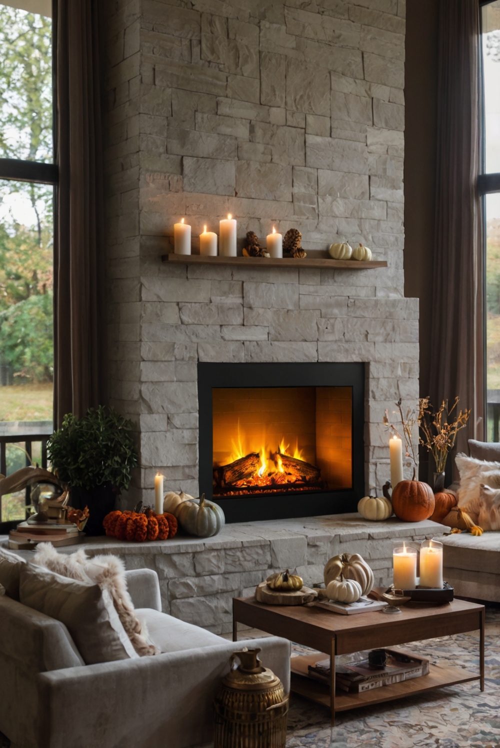 fall fireplace decor, cozy home decor, autumn mantel decorations, seasonal living room decor, rustic fire pit ideas