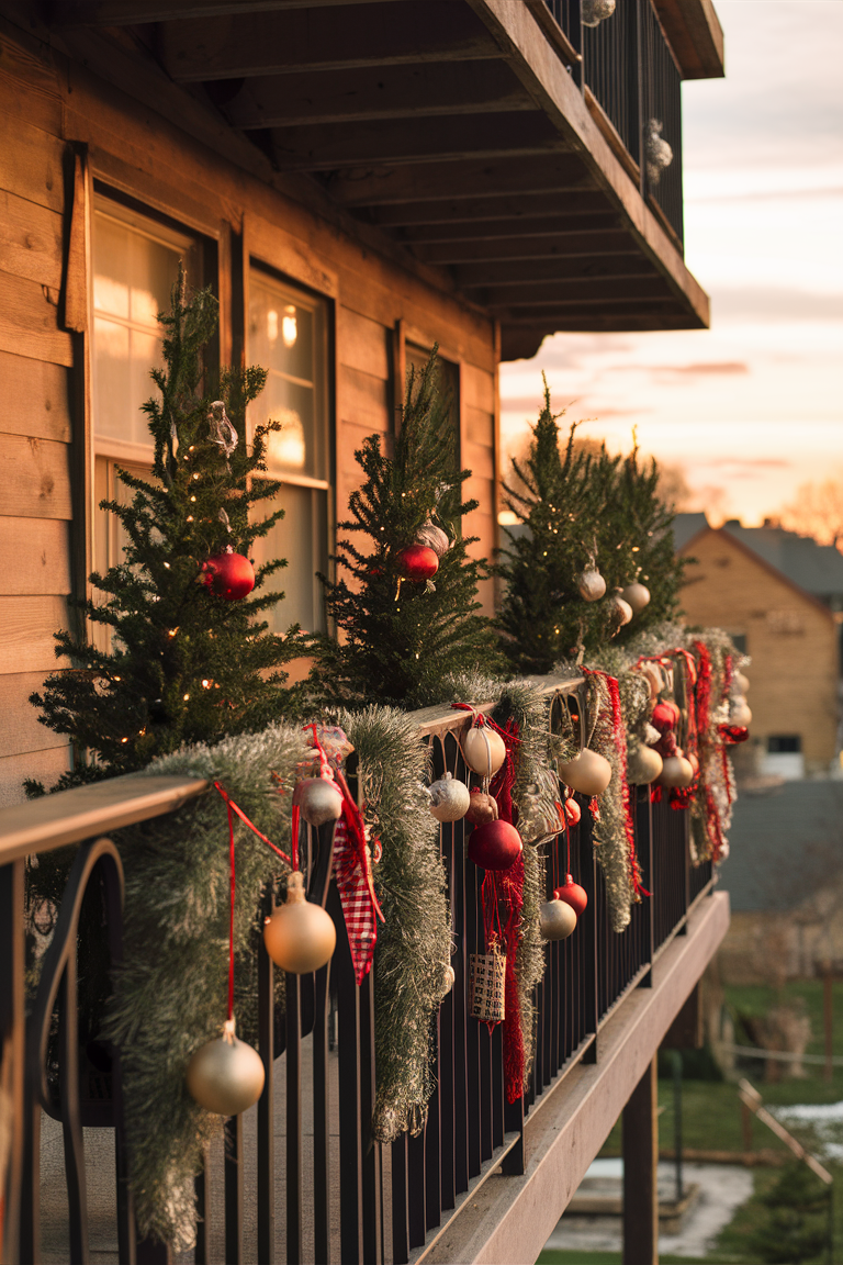 Hang Christmas Ornaments, Balcony Christmas Decorations, Ornament Display Ideas, Unique Ornament Hanging, Hanging Ornaments Outdoors