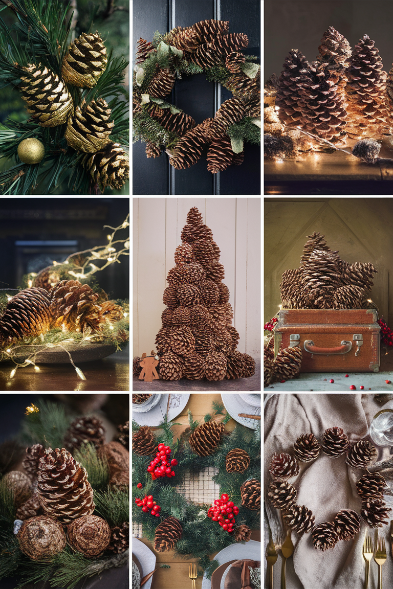 Christmas pinecone crafts, DIY holiday pinecone decorations, Christmas pinecone ornaments, Pinecone craft ideas, Festive pinecone centerpieces