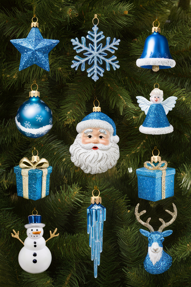 Blue Christmas decorations, Christmas tree ornaments, Holiday decor, Festive home decor, Christmas decorating ideas