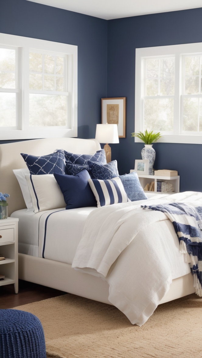 navy blue bedroom, navy and white decor, navy bedding ideas, white bedroom furniture, navy and white interior design