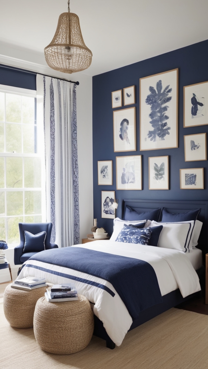 navy blue bedroom, navy and white decor, navy bedding ideas, white bedroom furniture, navy and white interior design