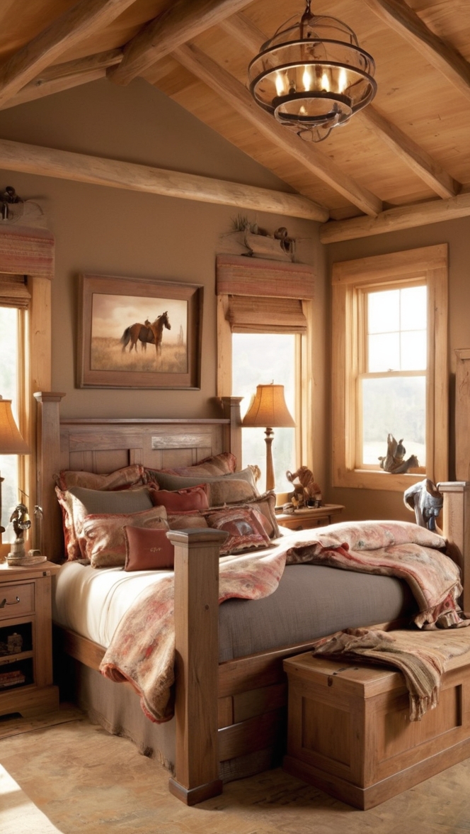 Rustic decor, Country bedroom, Farmhouse style, Vintage furniture, Lodge bedroom