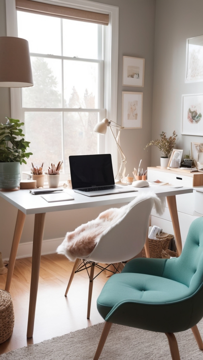 cozy home office setup, desk organization ideas, minimalist workspace design, comfortable work from home, stylish office decor