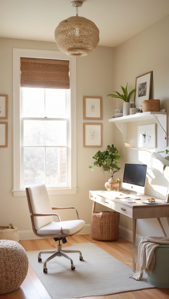 cozy home office decor, elegant office design, stylish work space, modern office furniture, chic workspace