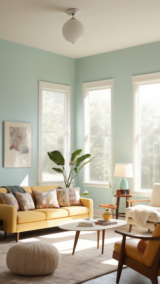 retro living room furniture, minimalist decor, vintage home interior, mid-century modern sofa, classic design elements