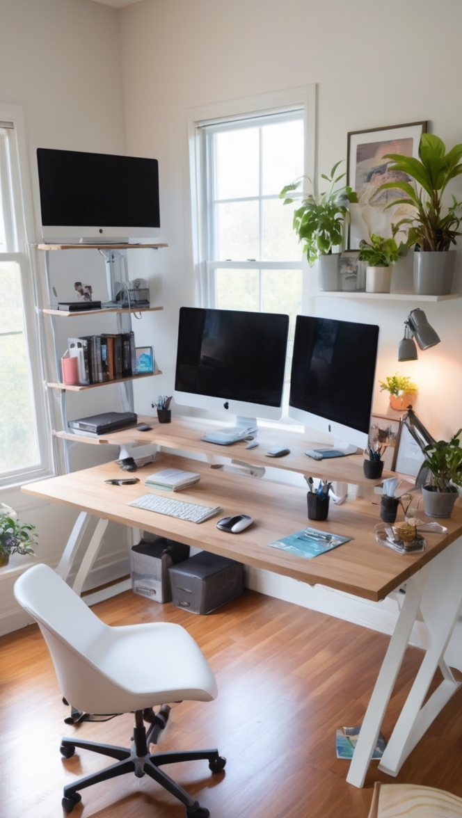 monitor setup desk, home office setup, 3 monitor setup, office desk setup, home office desk
