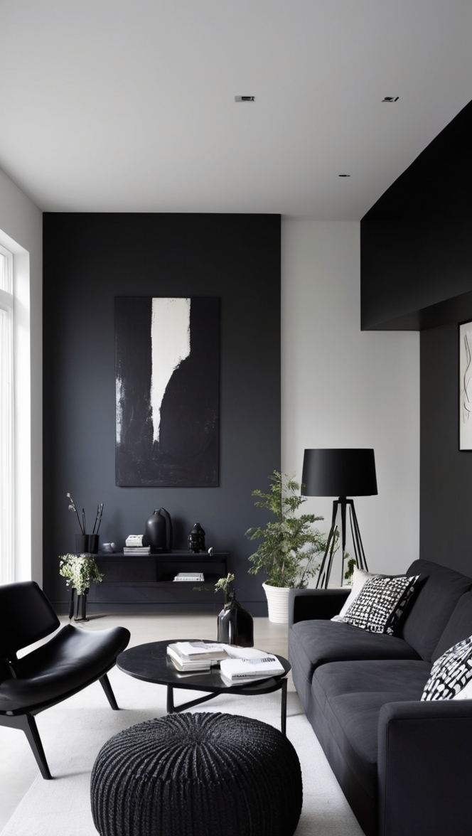 modern black living room, minimalist home decor, black interior design, contemporary living room, stylish minimalist furniture