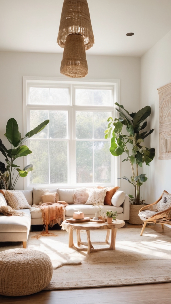 boho decor, minimalist living room, modern boho, boho chic, zen decor