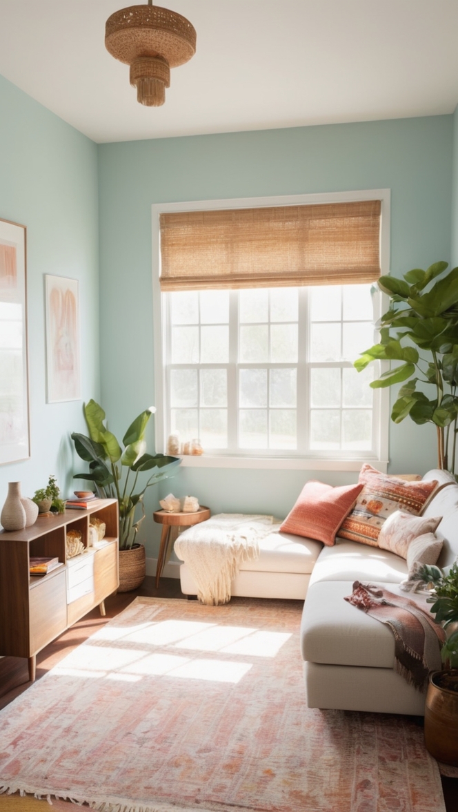 boho chic living room, minimalistic living room decor, bohemian inspired living space, modern boho living room, simple boho decor