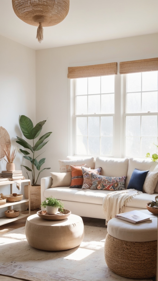 boho chic living room, minimalistic living room decor, bohemian inspired living space, modern boho living room, simple boho decor
