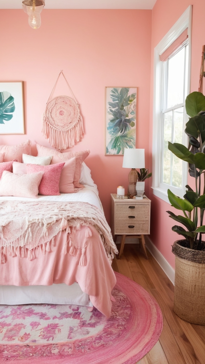 boho chic decor, bohemian bedroom ideas, pink bedding, boho wall tapestry, girly room decor
