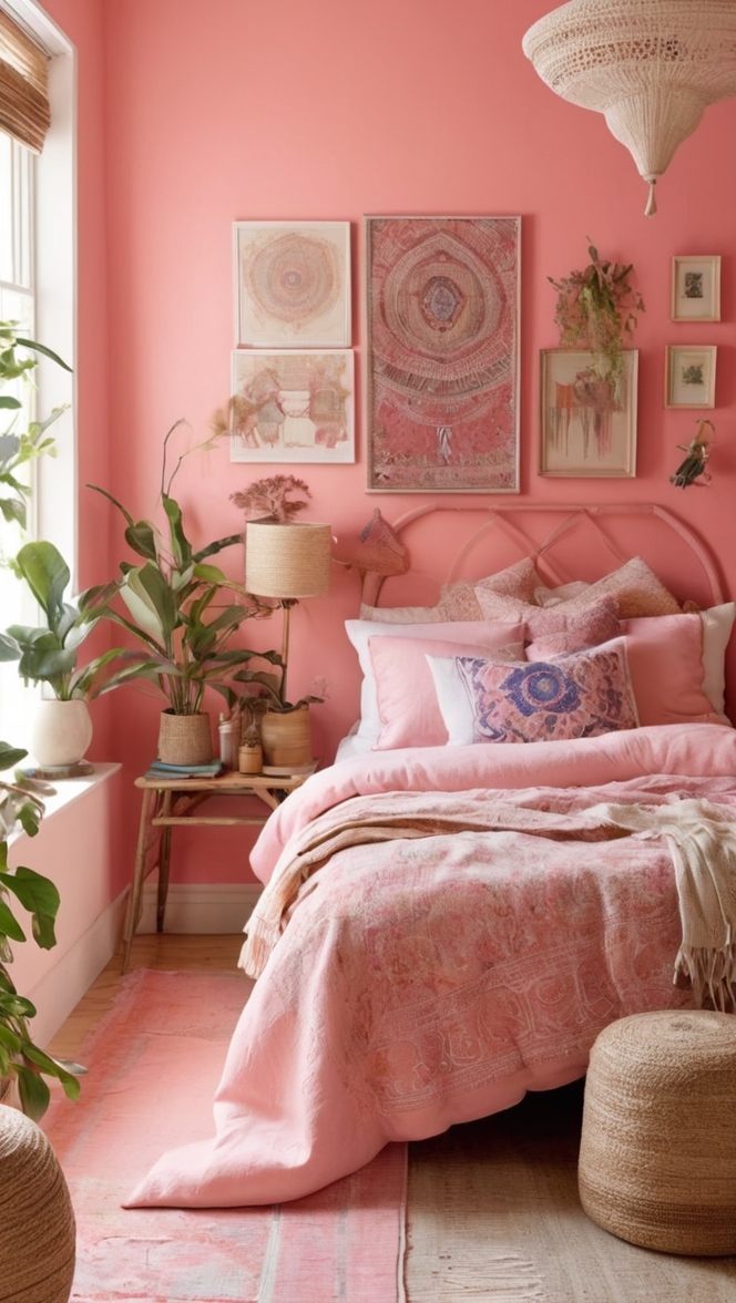 boho chic decor, bohemian bedroom ideas, pink bedding, boho wall tapestry, girly room decor