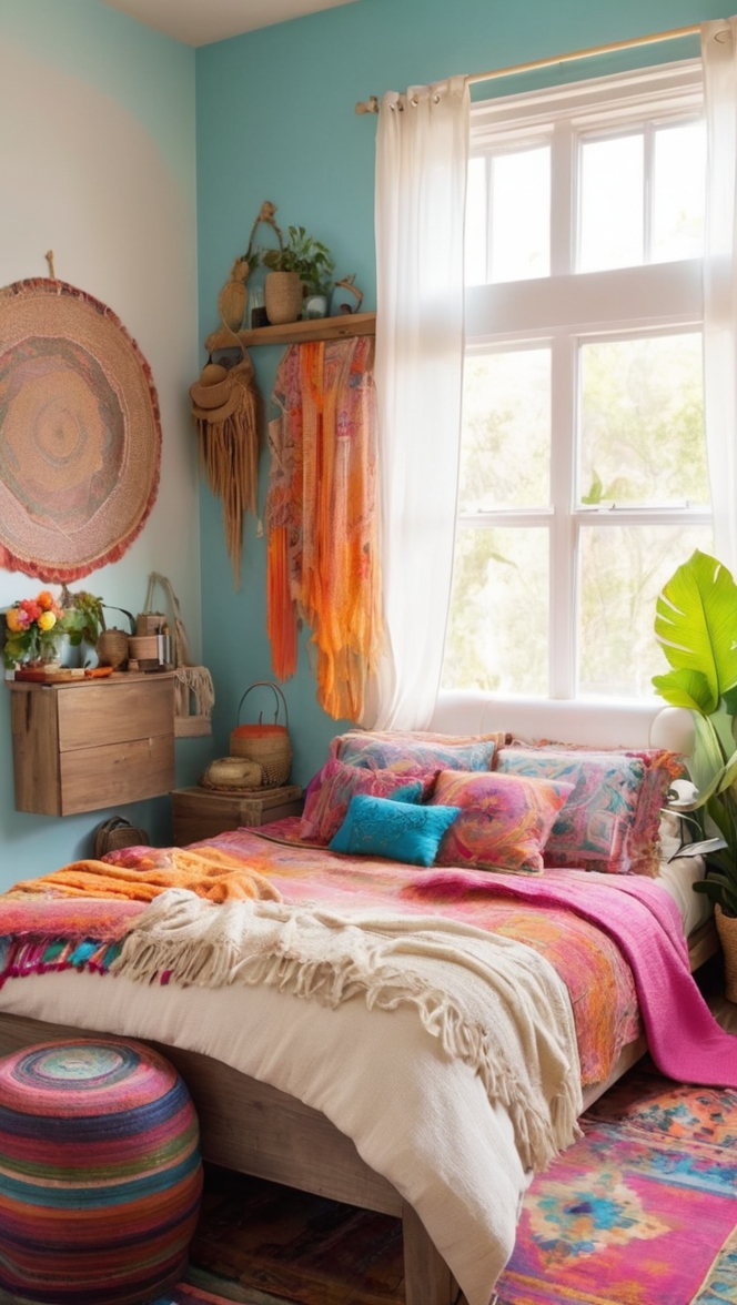 boho chic decor, bohemian bedroom furniture, vibrant boho bedding, eclectic bedroom design, whimsical home decor