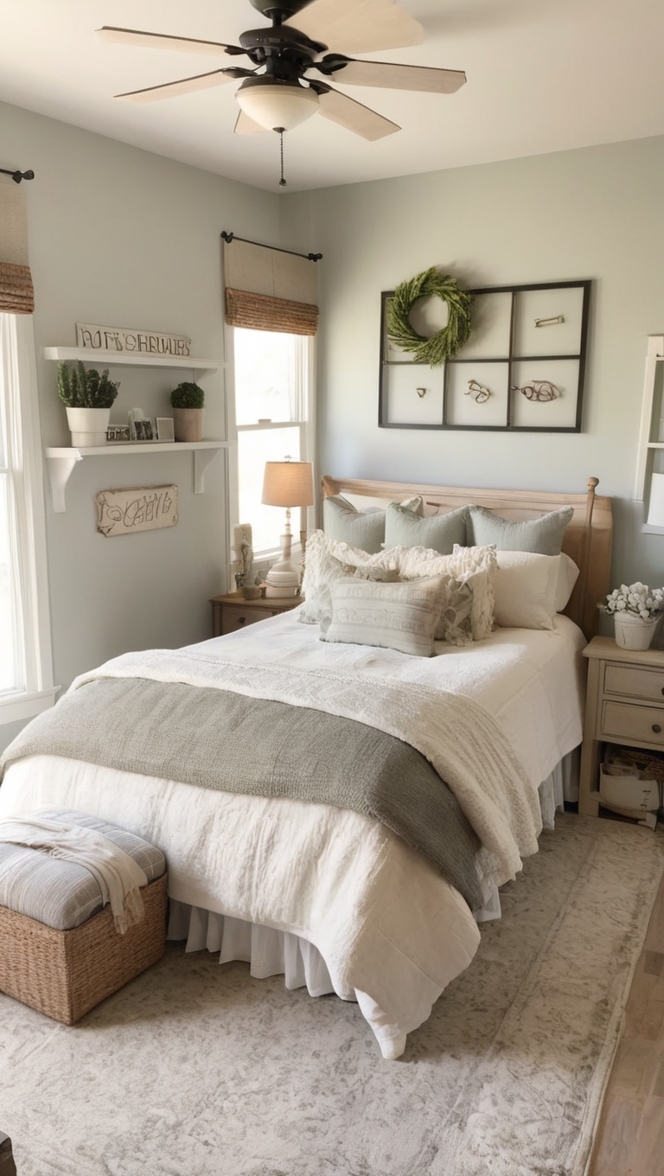 farmhouse bedroom decor, shabby chic bedroom ideas, rustic bedroom furniture, farmhouse style bedding, vintage farmhouse decor