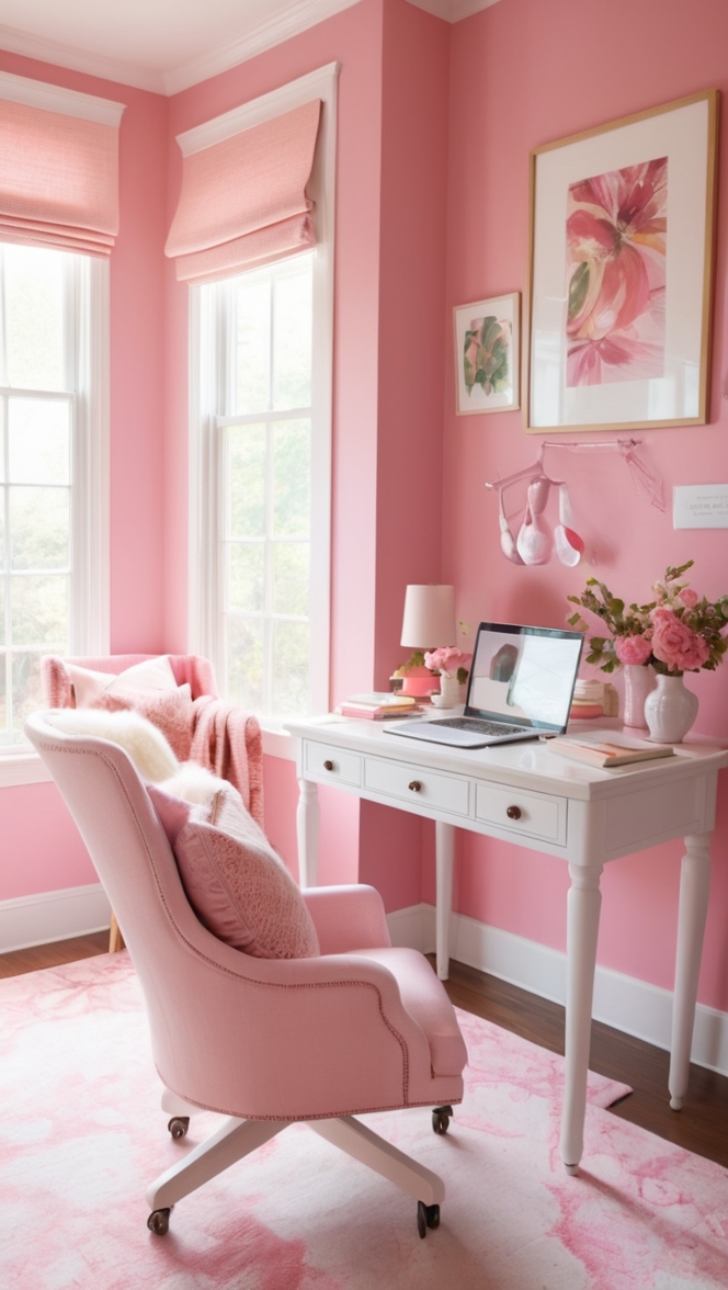 cozy home office decor, pink office accessories, feminine home office design, chic desk accessories, stylish home office furniture