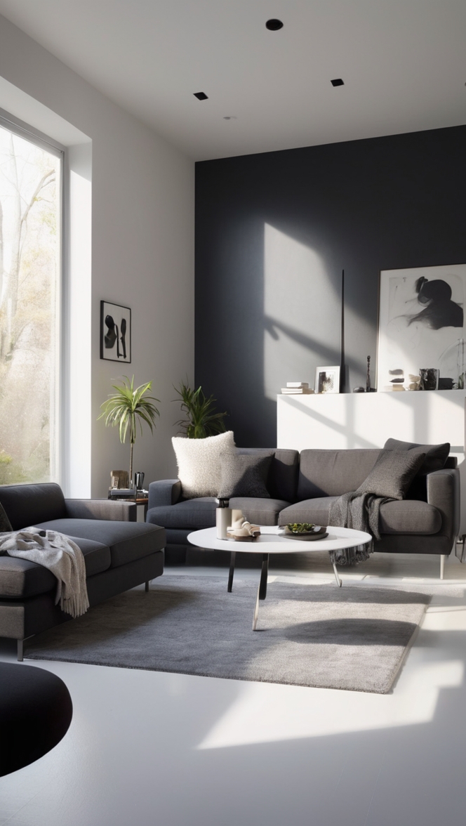 modern minimalist home decor, elegant minimalist furniture, sleek minimalist design, contemporary minimalist interior, stylish dark living room