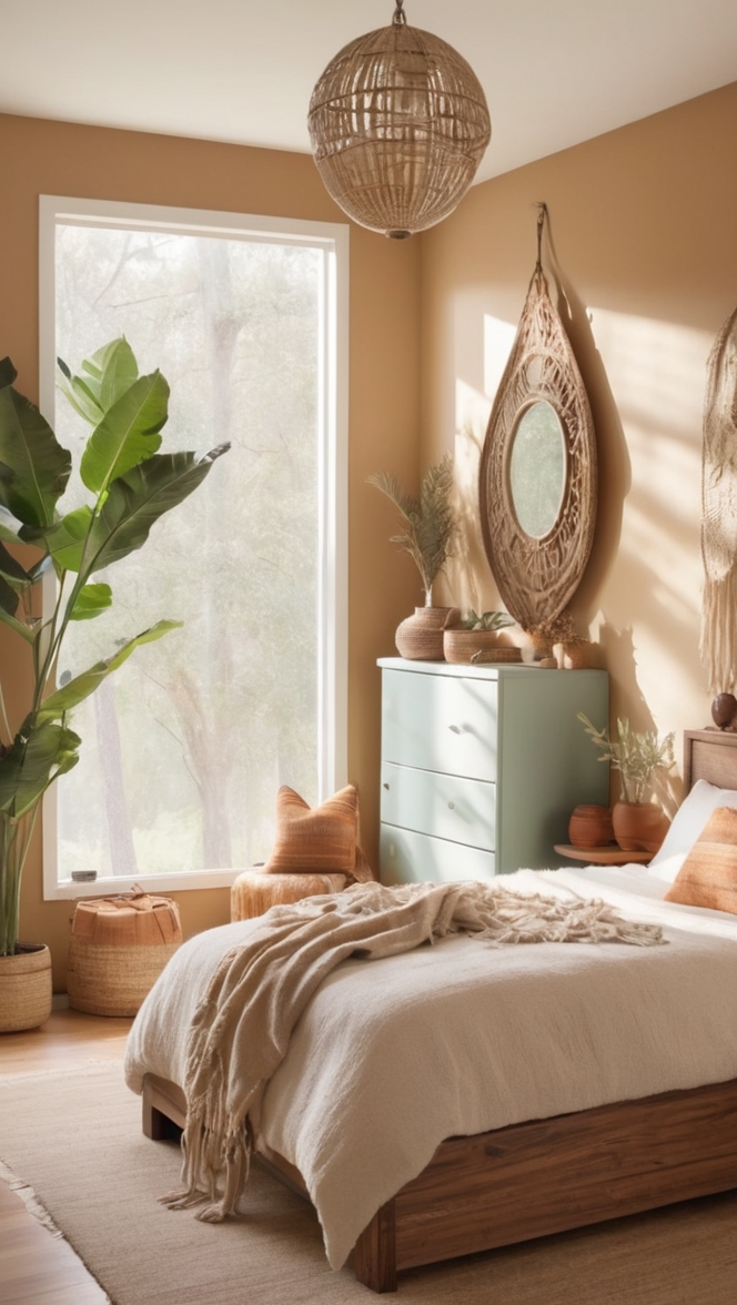 bohemian decor, rustic bedroom ideas, natural bedroom design, organic bedding, earth tone decor