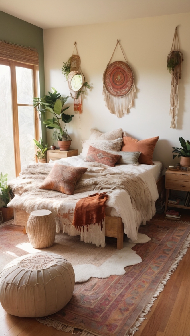 bohemian decor, rustic bedroom ideas, natural bedroom design, organic bedding, earth tone decor
