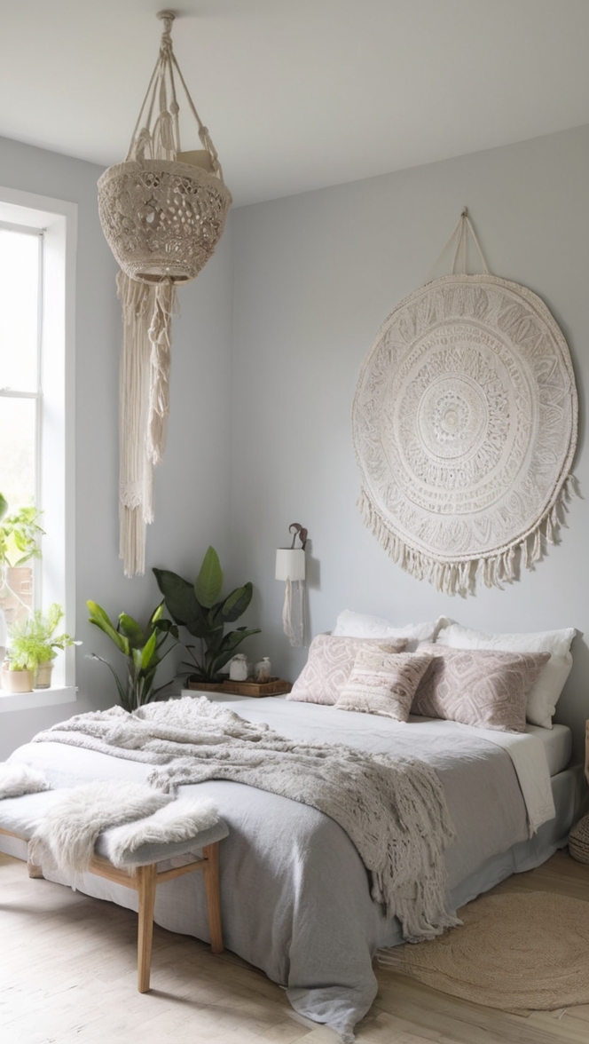 bohemian bedroom decor, boho style bedroom, grey bedding sets, bohemian home decor, boho chic bedroom