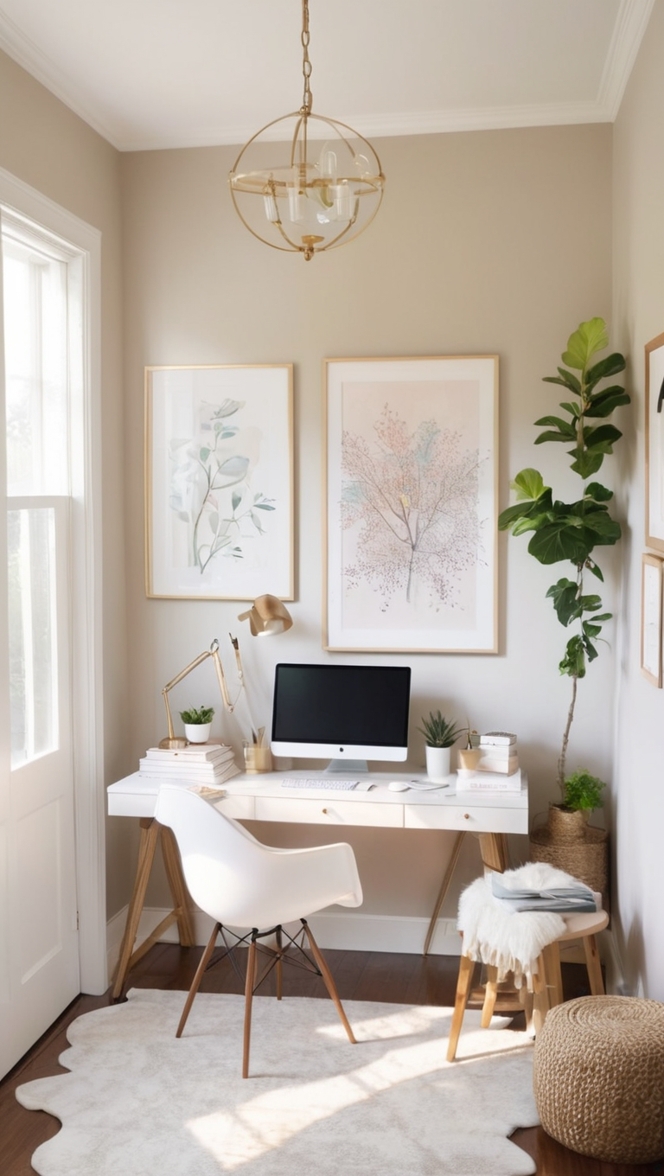 home office decor, stylish office design, modern home workspace, chic office ideas, cozy office setup
