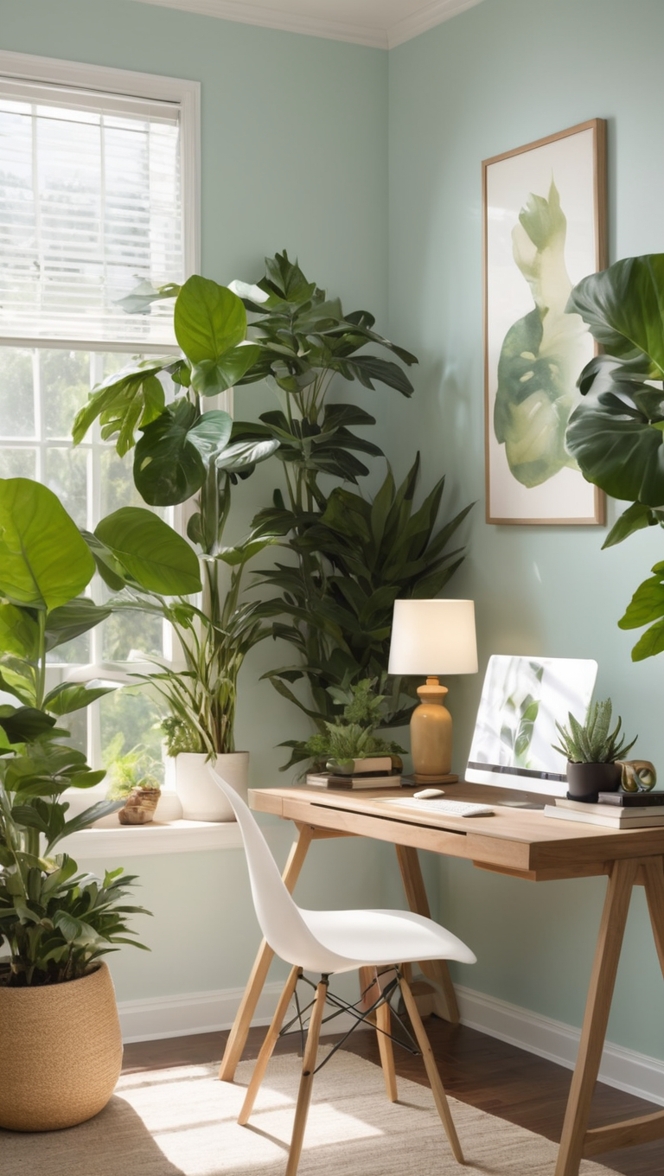 cozy home office decor, indoor plants for office, work from home setup, desk plants, home office greenery