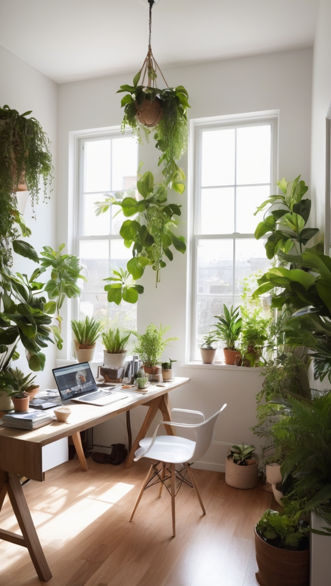 cozy home office decor, indoor plants for office, work from home setup, desk plants, home office greenery