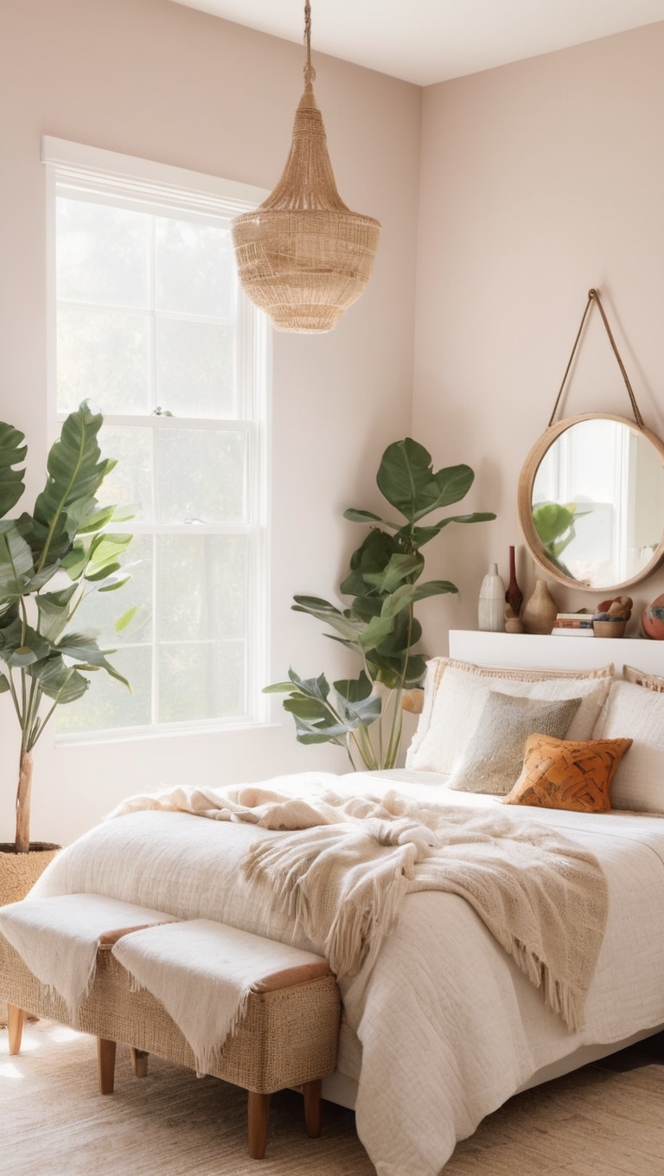 minimalist bedroom decor, bohemian bedroom ideas, modern boho room, eclectic home decor, trendy minimal interior