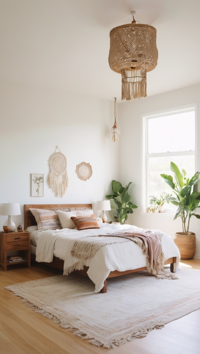 minimalist bedroom decor, bohemian bedroom ideas, modern boho room, eclectic home decor, trendy minimal interior