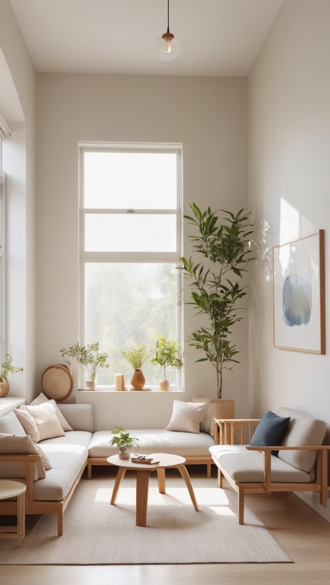 minimalist living room decor, modern japandi design, scandinavian inspired interior, zen style home, clean aesthetic space