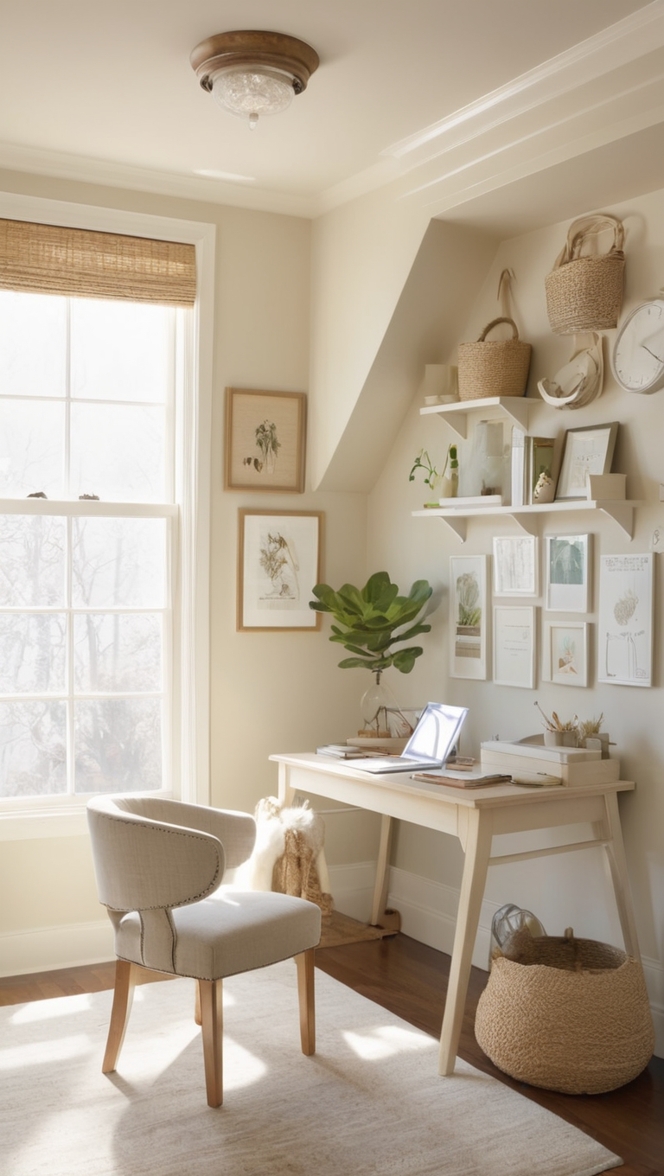 neutral home office decor, cozy home office design, modern office furniture, stylish home office ideas, minimalist workspace design