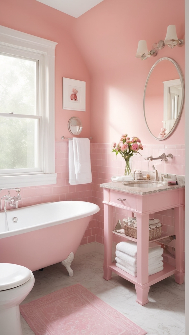 pink bathroom ideas, pink bathroom decor, pink bathroom design, pink tile bathroom, pink bathroom accessories