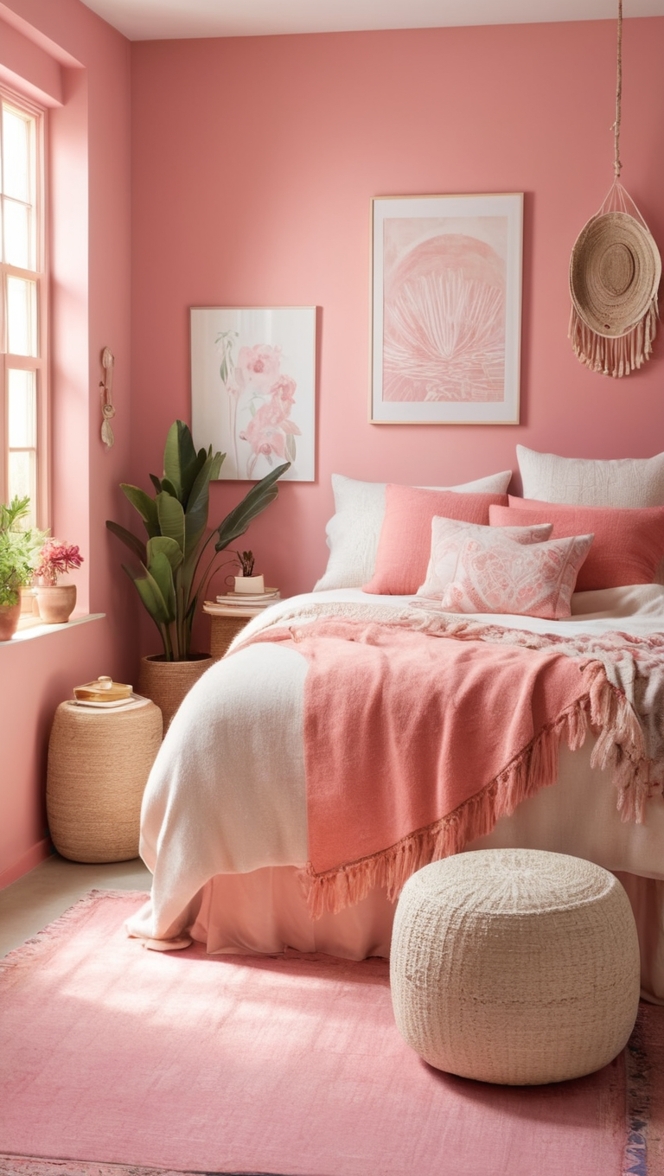pink bedroom decor , boho chic decor , bohemian bedroom ideas , pink boho bedding , feminine bedroom design