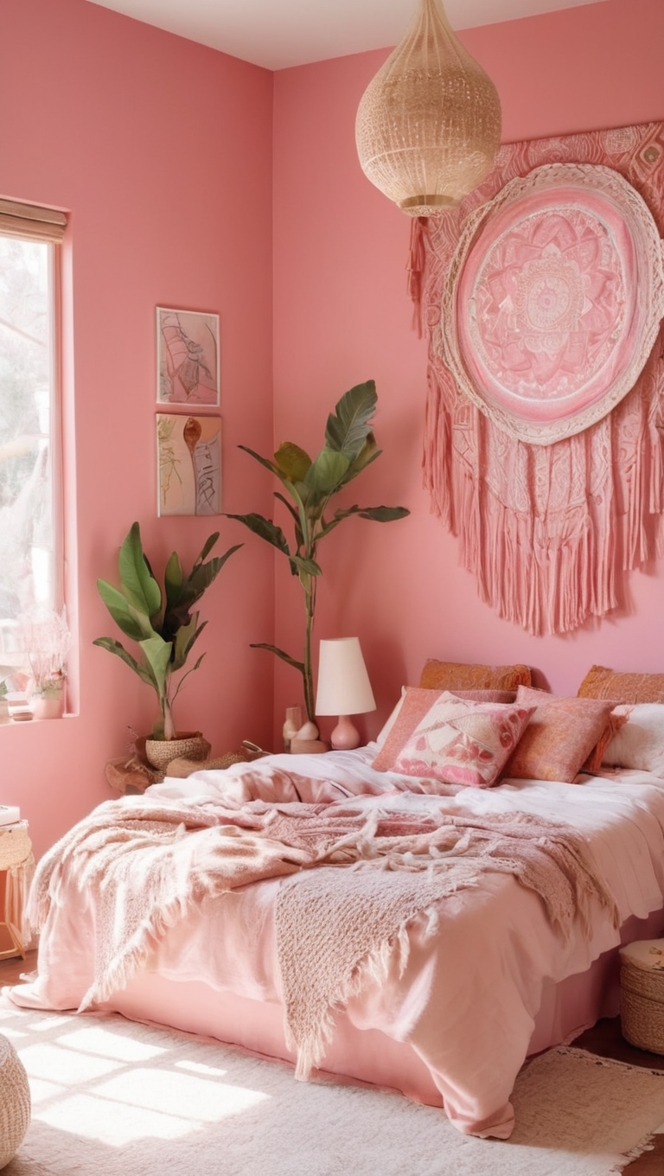 pink bedroom decor , boho chic decor , bohemian bedroom ideas , pink boho bedding , feminine bedroom design