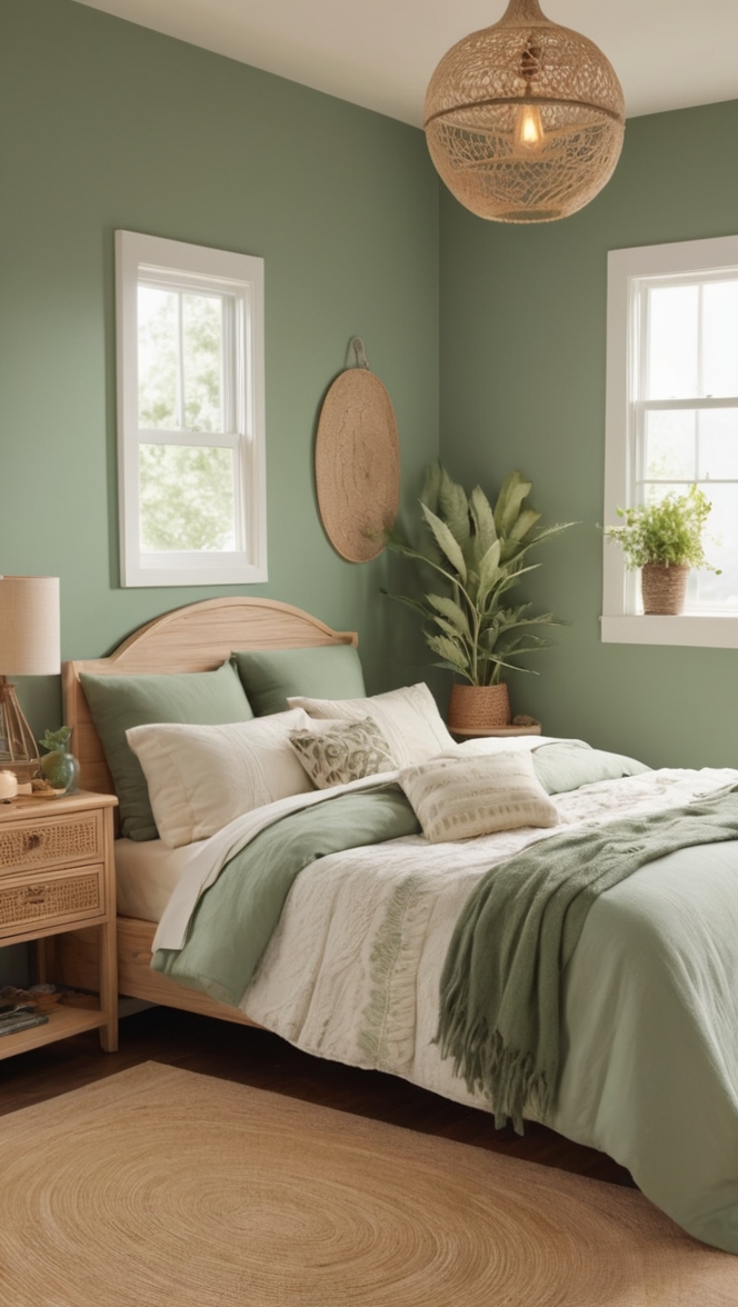 sage green bedding, boho bedroom decor, green boho pillows, sage green curtains, vintage boho lamp