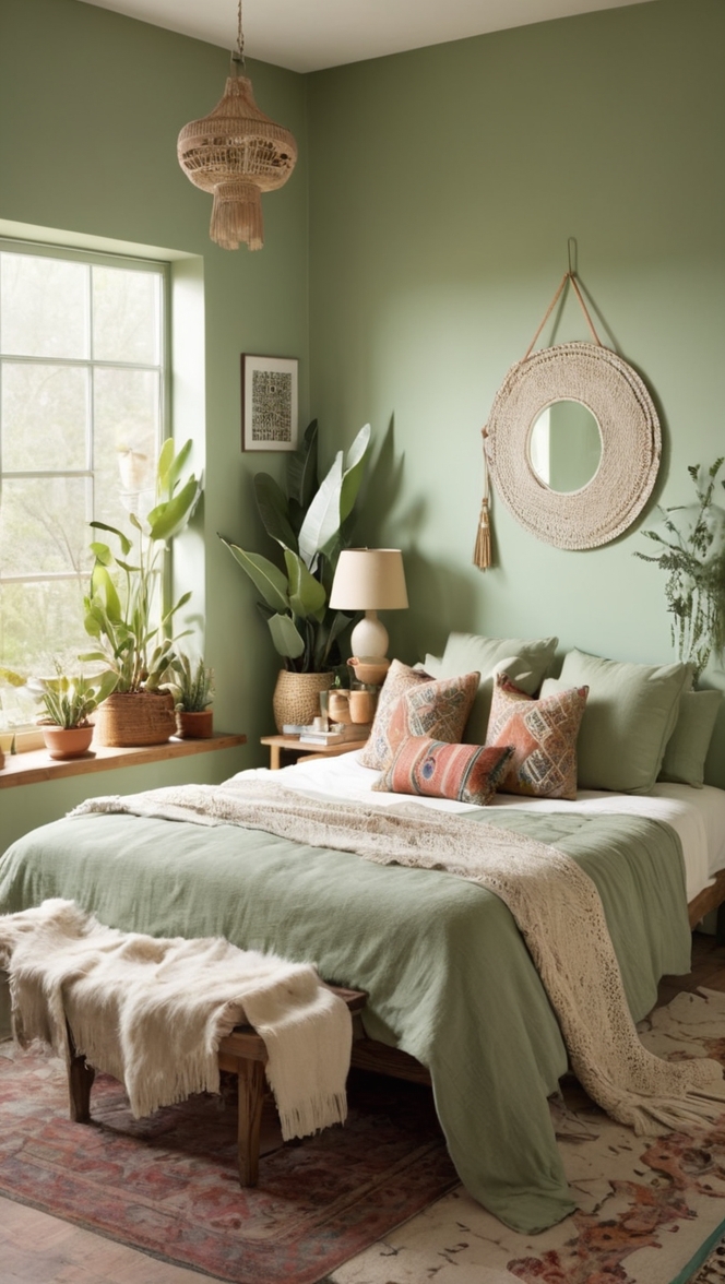 sage green bedding, boho bedroom decor, green boho pillows, sage green curtains, vintage boho lamp