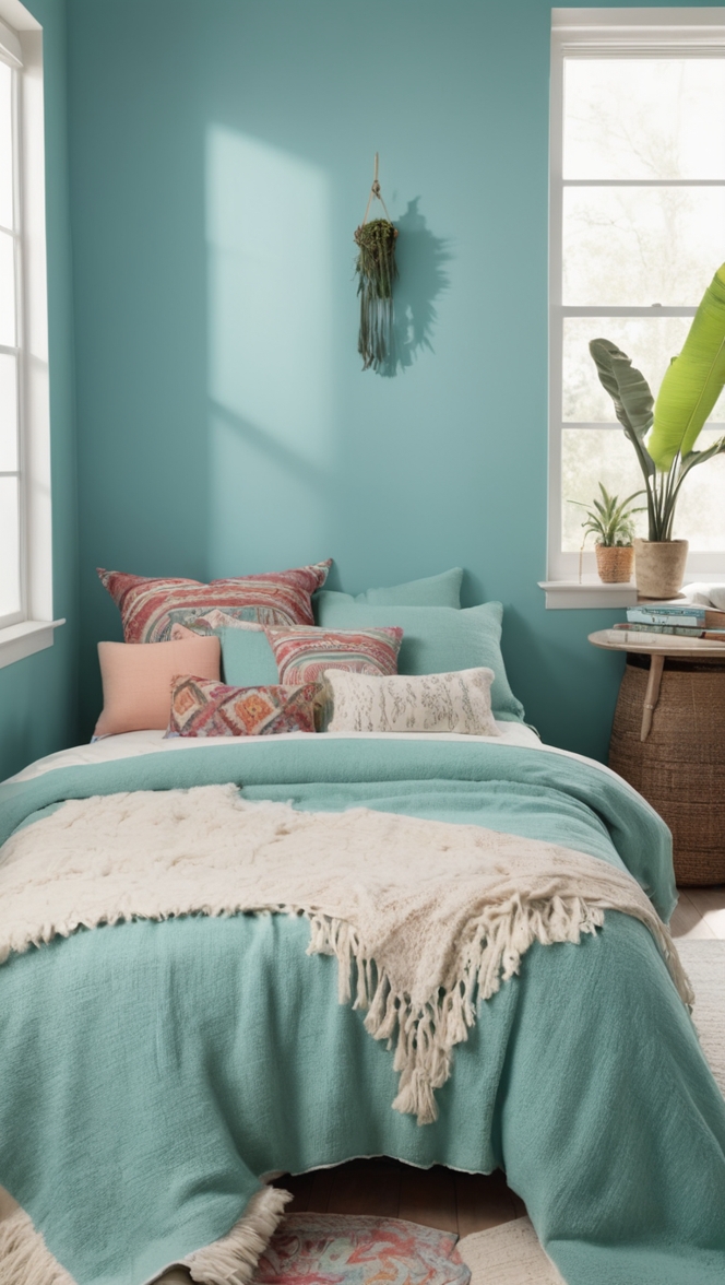 teal boho decor, bohemian bedroom ideas, teal bedding, boho chic furniture, moroccan bedroom design