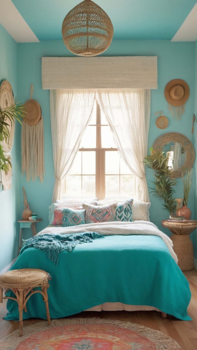 teal boho decor, bohemian bedroom ideas, teal bedding, boho chic furniture, moroccan bedroom design