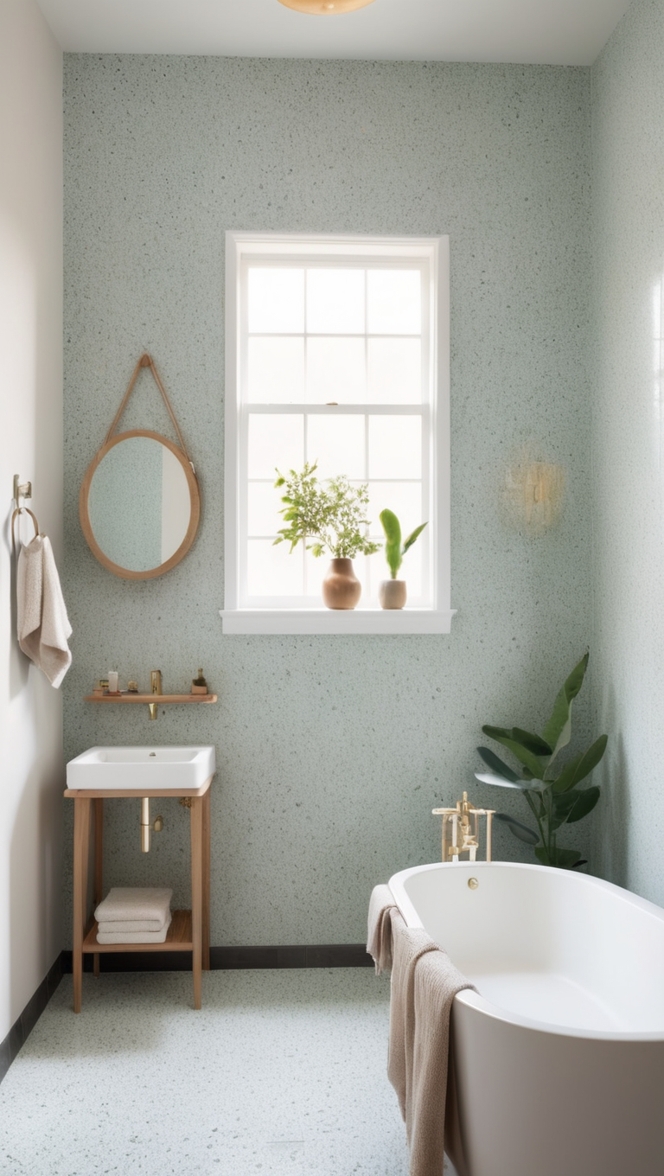 terrazzo tile flooring, terrazzo shower floor, white terrazzo tiles, terrazzo tile backsplash, black terrazzo tile