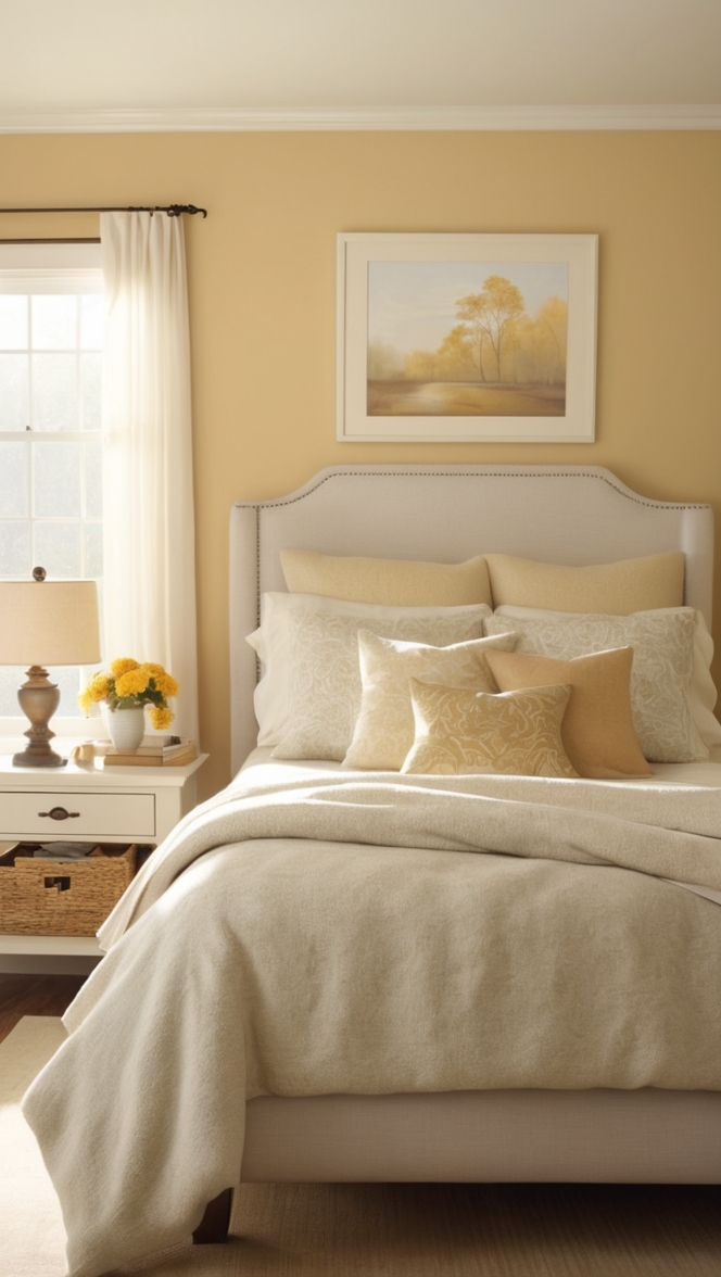 warm, cozy, bedroom decor, soft lighting, comfortable bedding