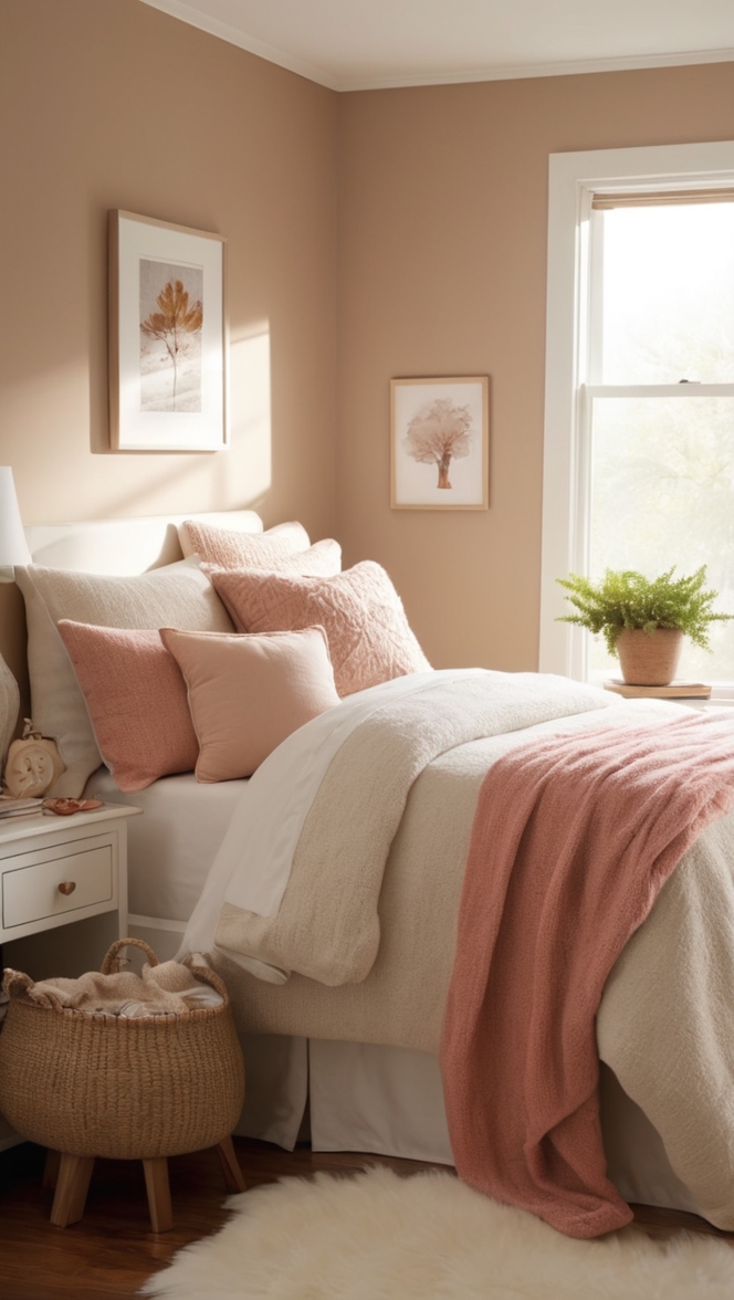 warm, cozy, bedroom decor, soft lighting, comfortable bedding