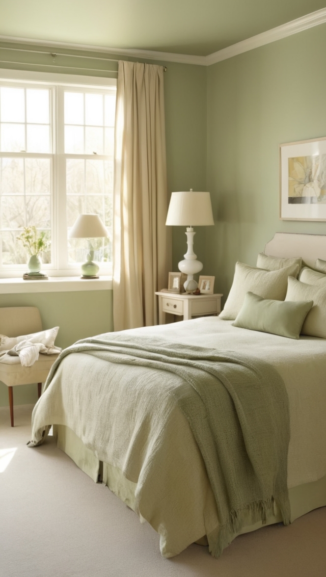 sage green bedroom decor, elegant bedroom design, neutral color palette, luxury bedroom furniture, dreamy bedroom ambiance