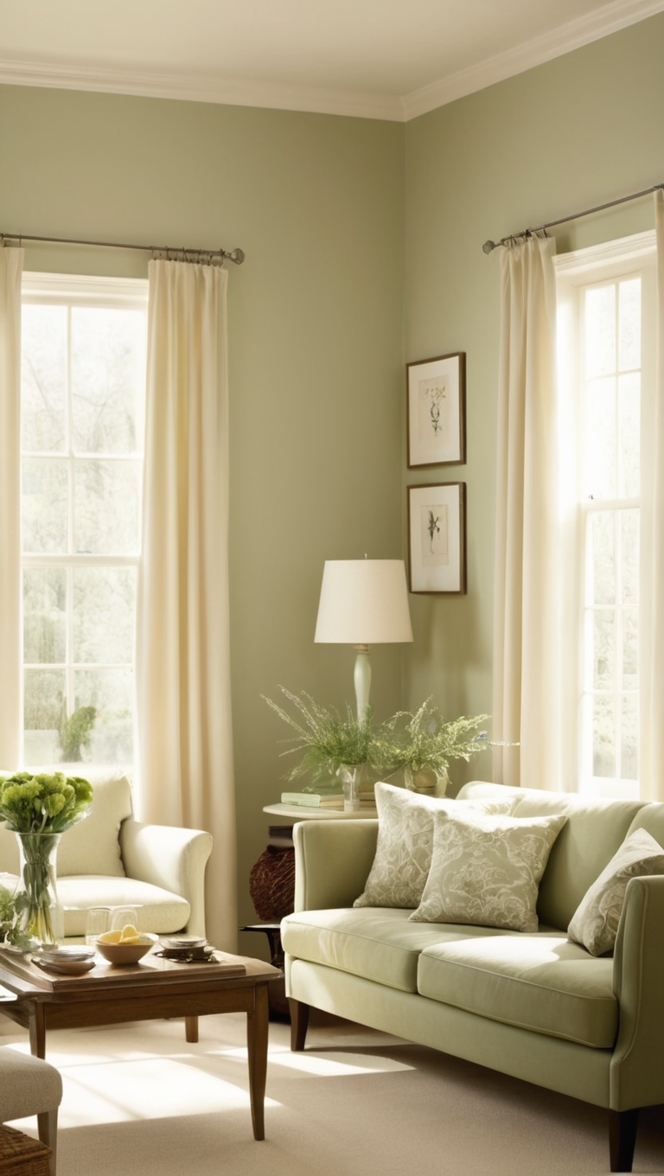 cream and sage green decor, stylish living room decor, luxury living room design, elegant home decor, modern living room furniture