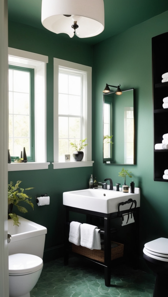 dark green bathroom ideas, black bathroom accessories, luxury bathroom design, modern bathroom decor, elegant bathroom fixtures