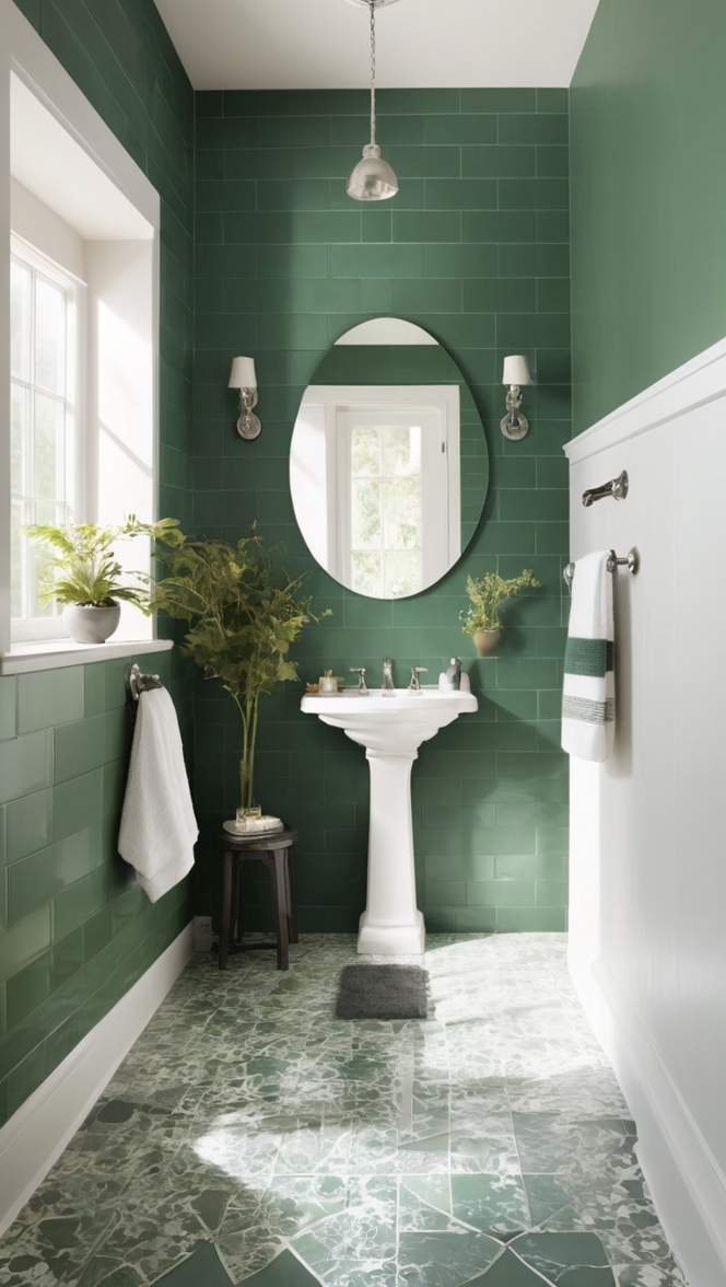 dark green bathroom tiles, green tile shower, emerald green backsplash, hunter green bathroom tile, sage green tile floor