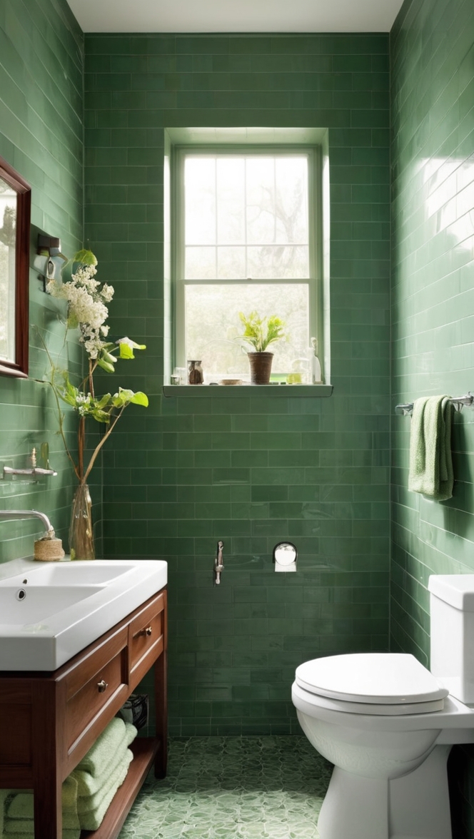 dark green bathroom tiles, green tile shower, emerald green backsplash, hunter green bathroom tile, sage green tile floor