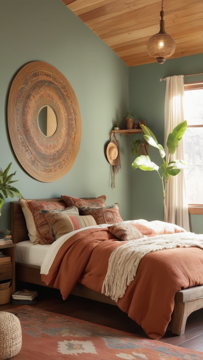 earthy bedroom decor, bohemian interior design, organic bedding, natural home textiles, vintage bedroom furniture