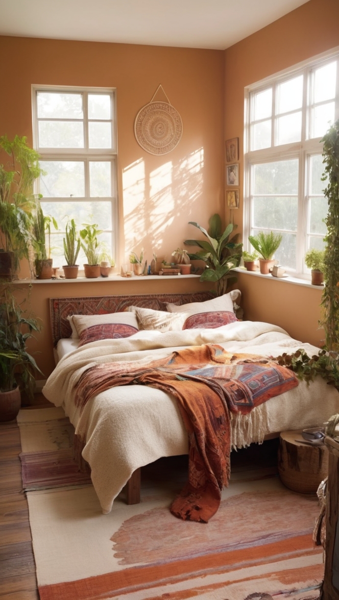 earthy bedroom decor, bohemian interior design, organic bedding, natural home textiles, vintage bedroom furniture
