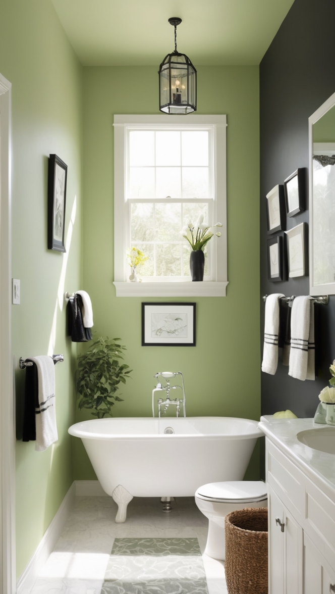green bathroom tiles, black and white bathroom, green bathroom accessories, black vanity, green bathroom decor